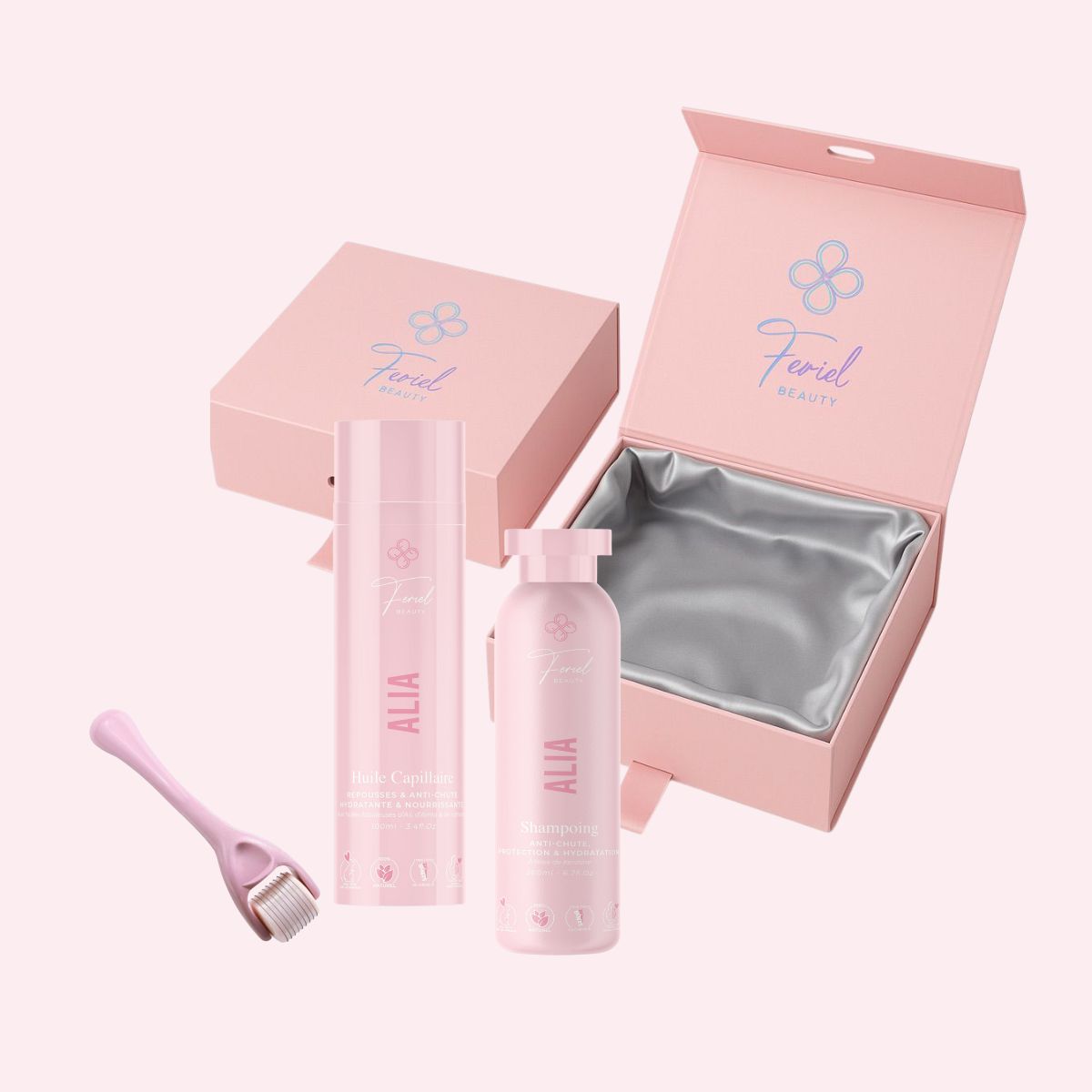 La Box Gamme Alia  : 1 huile Alia 200ml + 1 shampoing Alia 200ml + Un derma-roller