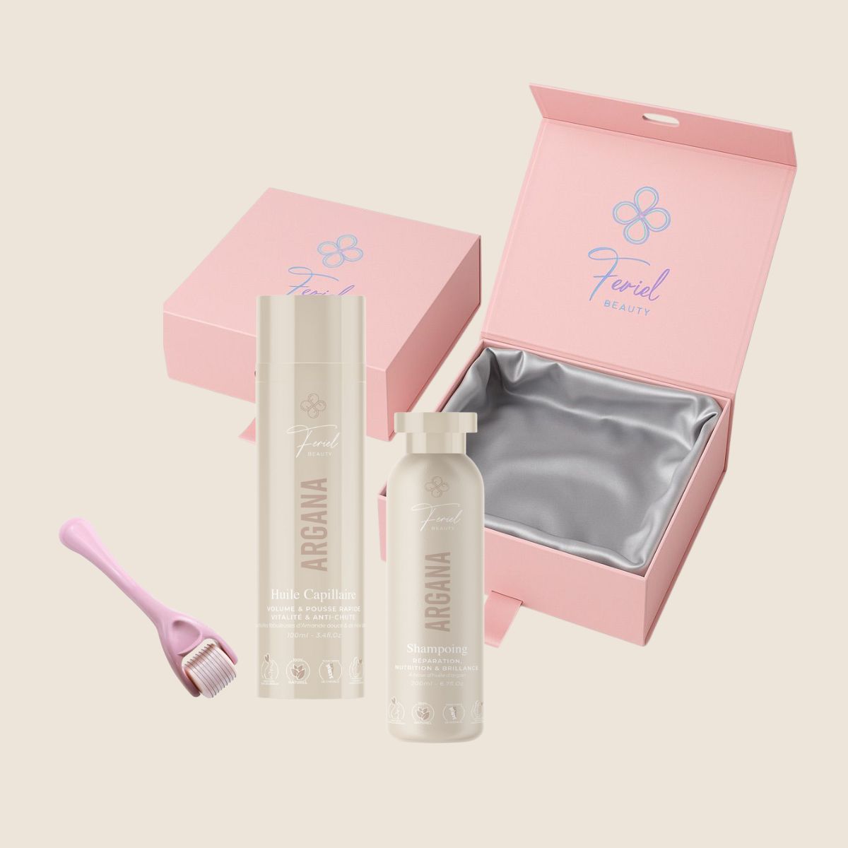 La Box Gamme Argana  : 1 huile Argana 200ml + 1 shampoing Argana 200ml + Un derma-roller